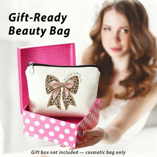 Coquette Leopard Print Bow Christian Makeup Bag, She Is Worthy Blue Girly Cosmetic Bags for Women, Christian Gifts for Women, Preppy Aesthetic Zipper Makeup Pouch - color: 01- Bible(02)