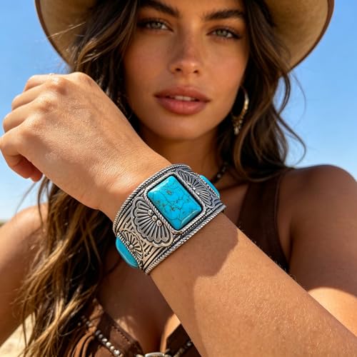 Western Bracelets for Women Vintage Chunky Turquoise Cuff Bracelet Turquoise Country Bracelets Adjustable Boho Cuff Bracelet Western Country Costume Jewelry Accessories - style: Silver Square