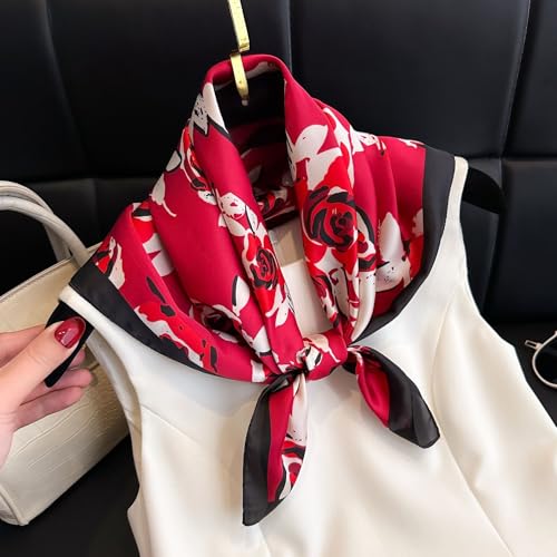 MINIDORA Satin Scarves for Women 27.5 × 27.5 inches Medium Square Elegant Silk Feeling Head Scarf - color: D005- Black and Red