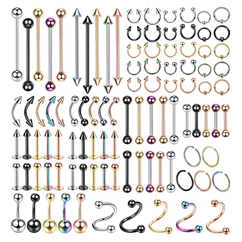 100PCS Piercing Kit Jewelry 14G 16G 20G Nose Rings Lip Studs Tongue Rings Stainless Steel Cartilage Earrings Tragus Eyebrow Industrial Barbell Belly Rings Body Piercing Kit Jewelry - color: Mixed-Color