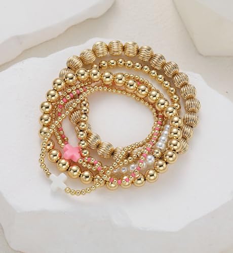 Gold Beaded Bracelets for Women, 14K Real Gold Plated Jewelry for Women Dainty Pearl Bead Bracelets Stack, Non Tarnish Trendy Stackable Ball Cross Stretch Bracelet Set Fashion Accessories Gifts - color: Gold pink cross bead