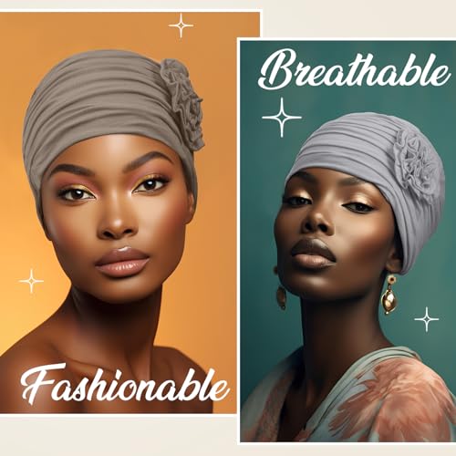 JenPen 4 Pcs Cotton Chemo Headwear for Women Turban Soft Cancer Head Scarf Hats Beanie Elastic Hair Wraps - color: Dark Gray, Brown, Black, Light Gray