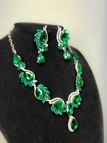 Women Jewelry Set Rhinestone Crystal Bride Statement Choker Necklace Teardrop Cluster Dangle Earrings Set for Wedding Prom Party - color: emerald
