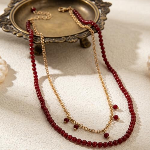Red Beaded Necklace for Women Choker Gold Toggle Clasp Layered Stack Dainty Statement Western Boho Trendy Summer Vacation Necklaces Birthday Jewelry Gifts - color: B3:Red Beaded Necklace
