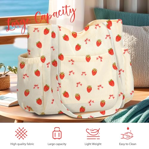Corduroy Tote Bag for Women,Large Capacity Cute Tote Bags With 6 Pockets,Crossbody Shoulder Handbag for Work Travel Gym - color: Strawberry-a