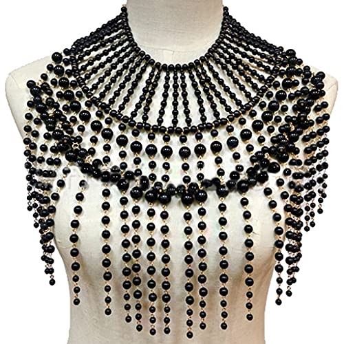 Pearl Shawl Layered Jewelry Shoulder Body Chain Harness Pearl Beaded Necklace Collar - color: Black