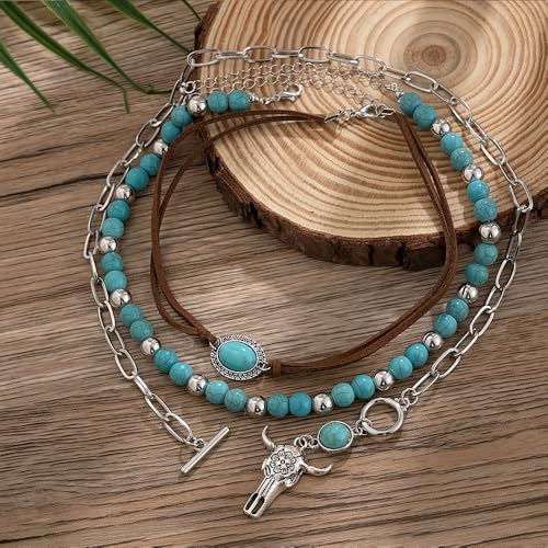 GIGB PBDK Boho Western Necklaces for Women,Turquoise Beaded Layered Necklaces Vintage Cow Cactus Pendant Choker Necklace Set,Cowgirl Jewelry Accessories Gifts - style: A1