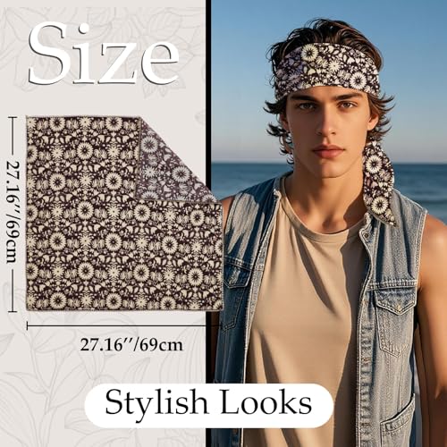 27.16'' Bandanas for Men, Cotton Mens Head Scarf with Flower Pattern Floral Hair Bandana Headband for Daily Casual - color: Coffee