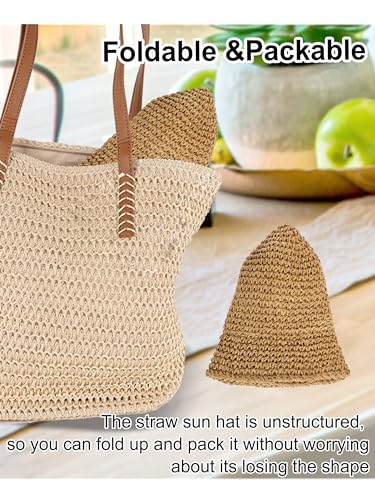 Womens Sun Hat Handmade Straw Bucket UV Protection Travel Summer Beach Cap - color: Khaki
