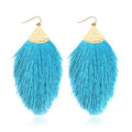 Bohemian Silky Thread Fan Fringe Tassel Statement Earrings - Lightweight Strand Feather Shape Dangles - color: Feather Fringe - Aqua Blue