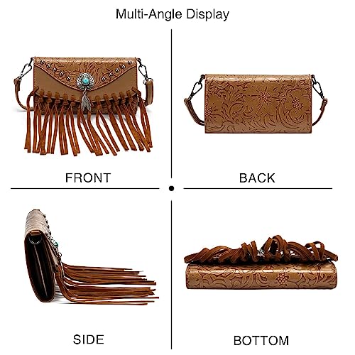 LAVAWA Small Crossbody Bags for Women Crossbody Handbag Fringe Purse Tassel Shoulder Bag Turquoise Concho Wallet - color: Western Brown