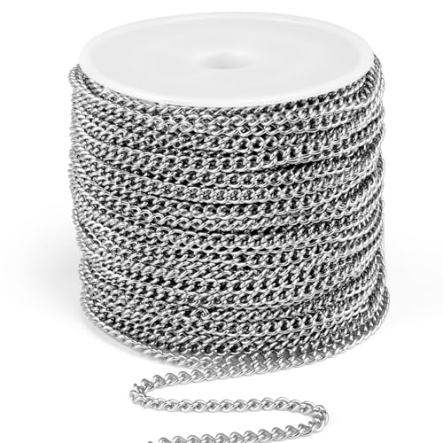 [66 Feet/ 20M] Stainless Steel Curb Chain, 3mm 304 Stainless Steel Flat Twisted Link Chain Roll Spool Curb Chains Bulk for Jewelry Making DIY Craft - color: Stainless Steel, size: 3.0mm width