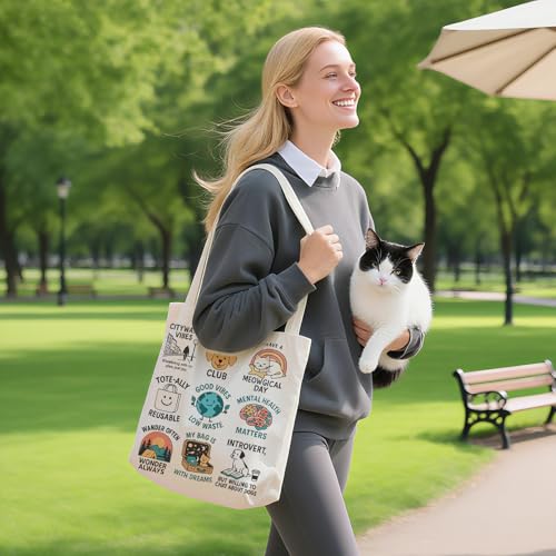 itgowisa Canvas Tote Bag for Women, Tote Bag with Zipper Inner Pocket, Zippered Canvas Bag for Shopping Work Grocery Everyday - style: Positive Slogan