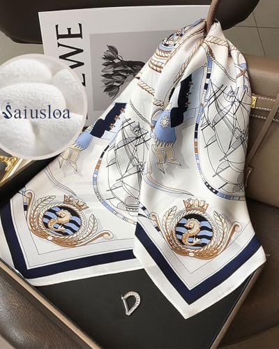 Saiusloa Neck Scarf For Womens Silky Head Scarves Hair Bandanas Square Scarf Fashion Accessories lightweight - color: 17-blue and White Sailing