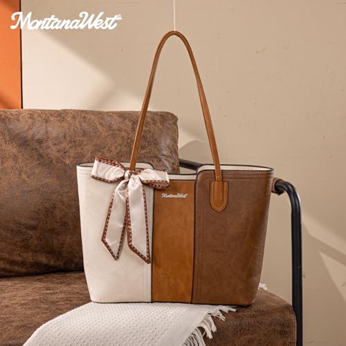 Montana West Tote Bags for Women Top Handle Satchel Purses - color: Beige With Brown