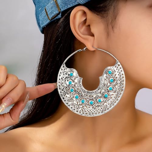 Chunky Metal Hoop Earrings for Women Vintage Bohemian Large Circle Earrings Gold Silver Textured Statement Earrings Trendy 80/90s Earring Oversized Big Dangle Earring Christmas Birthday Party Prom Banquet Costume Jewelry - color: Silver