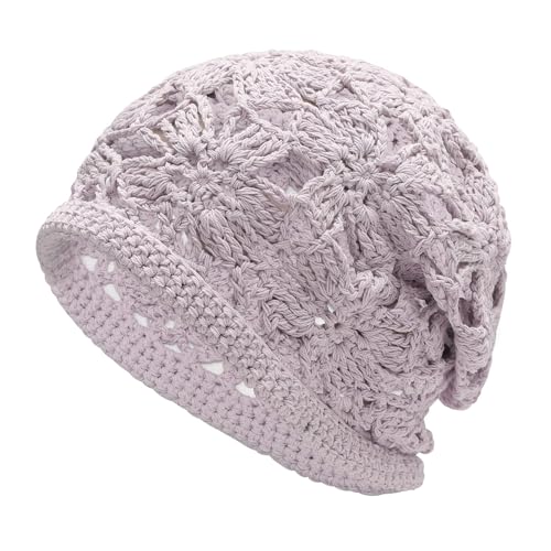 ZLYC Women Cotton Crochet Slouchy Beanie Hat Handmade Knit Summer Skull Cap - color: Crochet Purple
