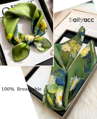Dailyacc Hair Bandanas Scarf For Women Lightweight Fashion Neck Silk Satin Head Scarves For Sleeping Handbags Scarf - color: 23-green Flowers/27.5*27.5in
