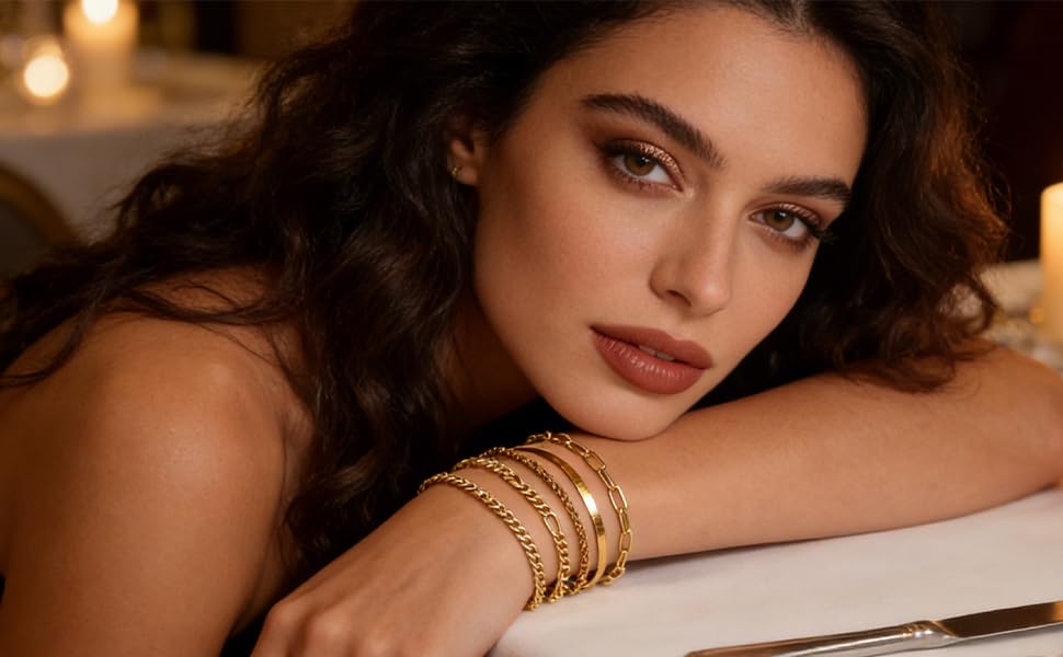 Alegend Titanium Steel (Not Rust, Resist Corruption, Easily Clean) 18K Gold Plated Single Bracelets + 14K Gold Plated Stackable Multilayer Bracelets - style: 14K Gold Plated Five-Layered