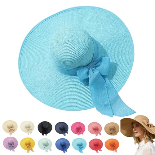 Women’s Straw Sun Hat Wide Brim Packable - Boho Beach Hat for Summer Vacation, Poolside Relaxation and Tropical Travel - color: Blue 2
