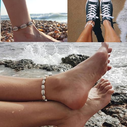 ATIMIGO Adjustable Nature Puka Shell Ankle Bracelet Cowrie Shell Anklet Handmade Boho Hawaiian Beach Surfer Seashell Braided Anklet Foot Jewelry for Women - color: black string cowire shell anklet & white anklet
