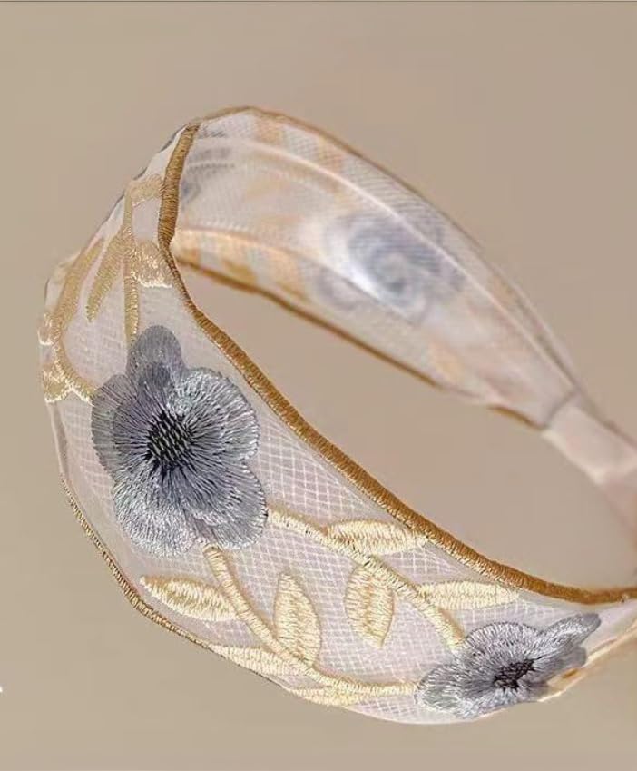 2 Pcs Vintage Floral Embroidered Headbands for Women Wide Boho Mesh Fabric Hair Bands with leaf Flowers, Comfortable Non-Slip Hair Accessories for Girls,Daily Wear & Special Occasions