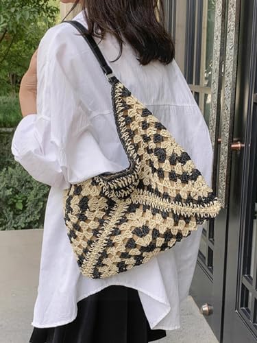 Straw Hobo Bag for Women 2026 Boho Woven Beach Purse Large Summer Straw Tote with Lining Black Raffia Shoulder Bag | straw material - color: Black1 With Black Strap