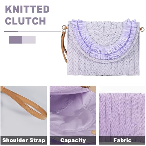 Crossbody Bags for Women, Straw Clutch Purses, Bohemian Handmade Woven Envelope Package, Tassel Handbags for Women | Bohemian - color: Purple