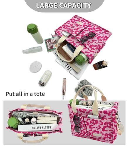 Large Canvas Tote Bag for Women Work Tote Bags with Pockets Laptop Crossbody Purses Everyday Bag Handbags for Travel - color: New Upgrade Plus Leopard Pink