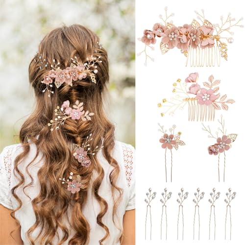 Floral Hair Comb Set for Women - 10PCS Pink Flowers Hairs Accessories & Gold Hair Pins for girls, Victorian Hair Clips for Wedding, Prom, Mother of Bride, Flower Girl (Rose Gold, Fake Flowers) - color: Pink-F10