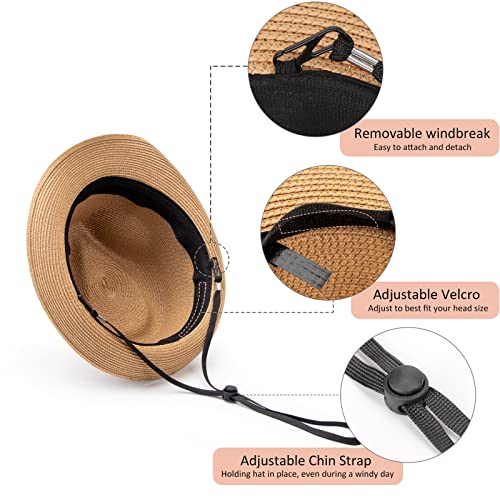 DRESHOW Women Straw Sun Hat Short Brim Panama Travel Fedora Summer Hat Roll Up Beach Cap for Women UPF 50+ - color: Khaki Fa