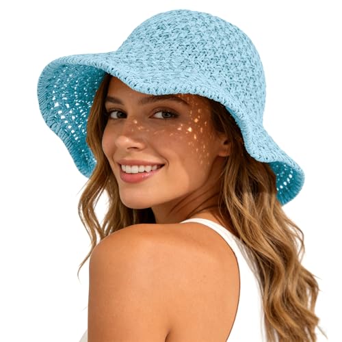 Sun Hat for Women Beach Hat Straw Bucket Hat Summer UV Protection, Packable Breathable Crochet Style - color: 1pack-light Blue