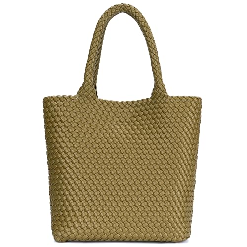 BAGOK Woven Tote Bag for Women, Handwoven Vegan Leather Shoulder Bag with Clutch, Large Tote for Work, Travel & Beach - color: Olive Green