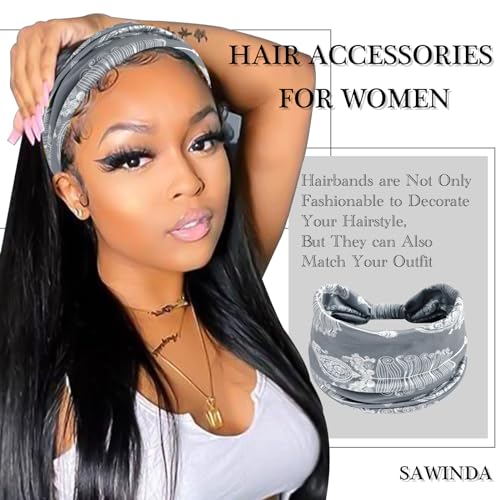 Boho Headbands Wide knotted Hair Bands Vintage Printing Bandeau Stretchy Non-slip Cotton Headband Sport Yoga Hair Accessories for Women and Girls (Pack of 3) - color: Color-1