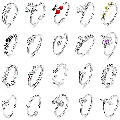 TAMHOO 20 Pcs Adjustable Rings Set for Women - Finger Rings Pack Stackable Rings for Teens- Cute Rings for Teen Girls -in Gold and Silver Tone - color: #4-Silver