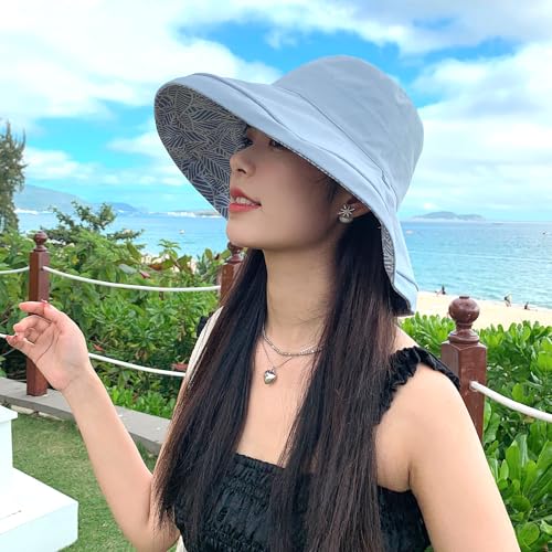 HUAMULAN Women Summer Sun Hat Wide Brim Wired Edge Floral Beach Bucket Hats Reversible Foldable Travel UV Protection Lady Hat - color: Blue