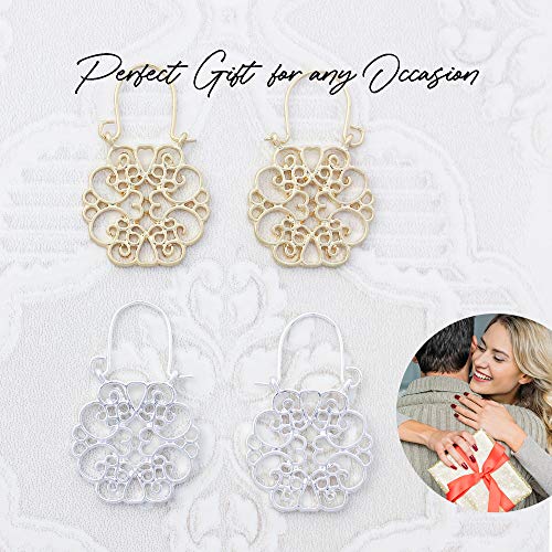Bohemian Boho Filigree Hoop Earrings for Women – Intricate & Delicate Cutout Design Details – Tribal Floral Gypsy Lightweight Geometric Metallic Statement Earrings - style: Mini Clover - Gold