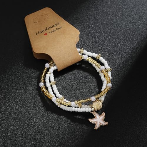 Vivian&CD Boho Shell Anklets Bracelet for Women Waterproof, Gold Layered Seashell Starfish Puka Shell Anklet, Adjustable Colorful Beaded Stack Stretch Bead Bracelet Set, Fashion Beach Foot Jewelry for Hawaii Summer Vacation - style: Starfish3