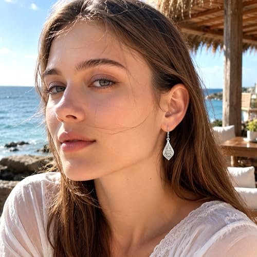 Dangle Earrings for Women, 14K Gold Plated Filigree Dangling Leverback Earrings, Silver Geometric Hypoallergenic Lightweight Dangly Drop Earings for Women Trendy Jewelry Gifts - color: C-Silver