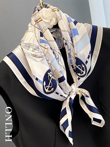 100% Mulberry Silk Scarf for Women Hair Lightweight Square Neckerchief Wrap For Head Scarves 21" - color: 31-nautical Blue /21"*21"