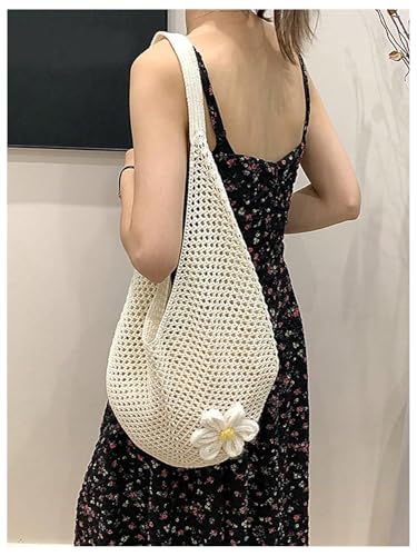 OYOANGLE Women's Floral Applique Crochet Beach Tote Bag Summer Boho Mesh Woven Tote Bag - color: Beige