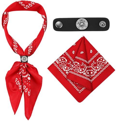 Bandanas Scarf with Leather Ring Floral Buckle Paisley Bandana Headwear Western Scarf Gifts for Women Men Halloween - color: Red