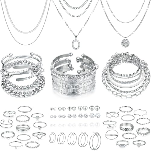 FAXHION 68 Pcs Gold Jewelry Set for Women with 7 Necklace, 17 Bracelet, 5 Hoop Earrings, 15 Stud Earrings, 24 Knuckle Rings for Women Jewelry Set for Women Gift - color: silver jewelry set