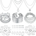 FAXHION 68 Pcs Gold Jewelry Set for Women with 7 Necklace, 17 Bracelet, 5 Hoop Earrings, 15 Stud Earrings, 24 Knuckle Rings for Women Jewelry Set for Women Gift - color: silver jewelry set