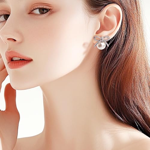 Pearl Earrings for Women, Trendy Dainty Cubic Zirconia Piercing Hypoallergenic CZ Earring Prom Holiday Fashion Jewelry Gift. - color: Silver Pearl