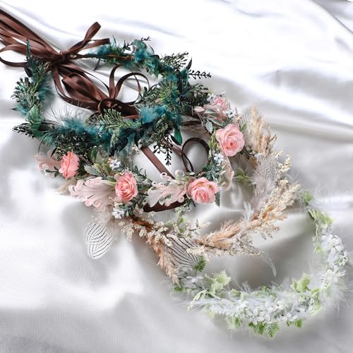 Brown Flower Crown Headband - Fairy Elf Floral Headpiece For Women Bridal Wedding Renaissance Hair Accessories Party Birthday Photoshoot Props - color: Feather-Brown