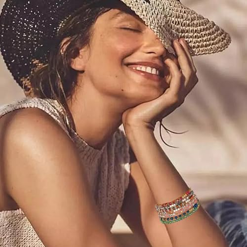 30Pcs Boho Beaded Bracelets for Women Colorful Stackable Sparkly Crystal Beads Bracelets Multi-Layer Versatile Statement Bracelets Stretch Cuff Jewelry Gifts
