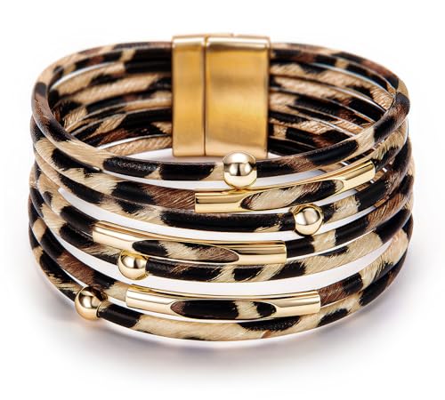 Fesciory Leopard Bracelet for Women, Boho Leather Wrap Multi-Layer Pearl Crystal Bracelet Bangle Jewelry - style: Brown Leopard