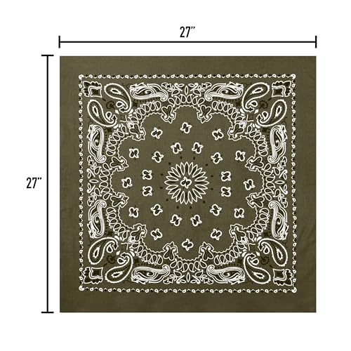 Rothco Trainmen Paisley Bandana 27” x 27” Extra‑Large 100% Cotton Head Wrap Scarf Multi‑Use - color: Olive Drab