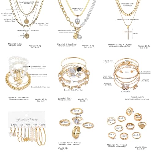KISS WIFE Golden Jewelry Set for Women with Multi Layered Necklaces, Stackable Bracelets, Knuckle Rings, Hoop Earrings, Fashion Outfit Accessories Jewelry Packs Gifts for Women - style: Style 1